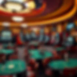 An intricate casino layout showcasing various gaming tables and machines
